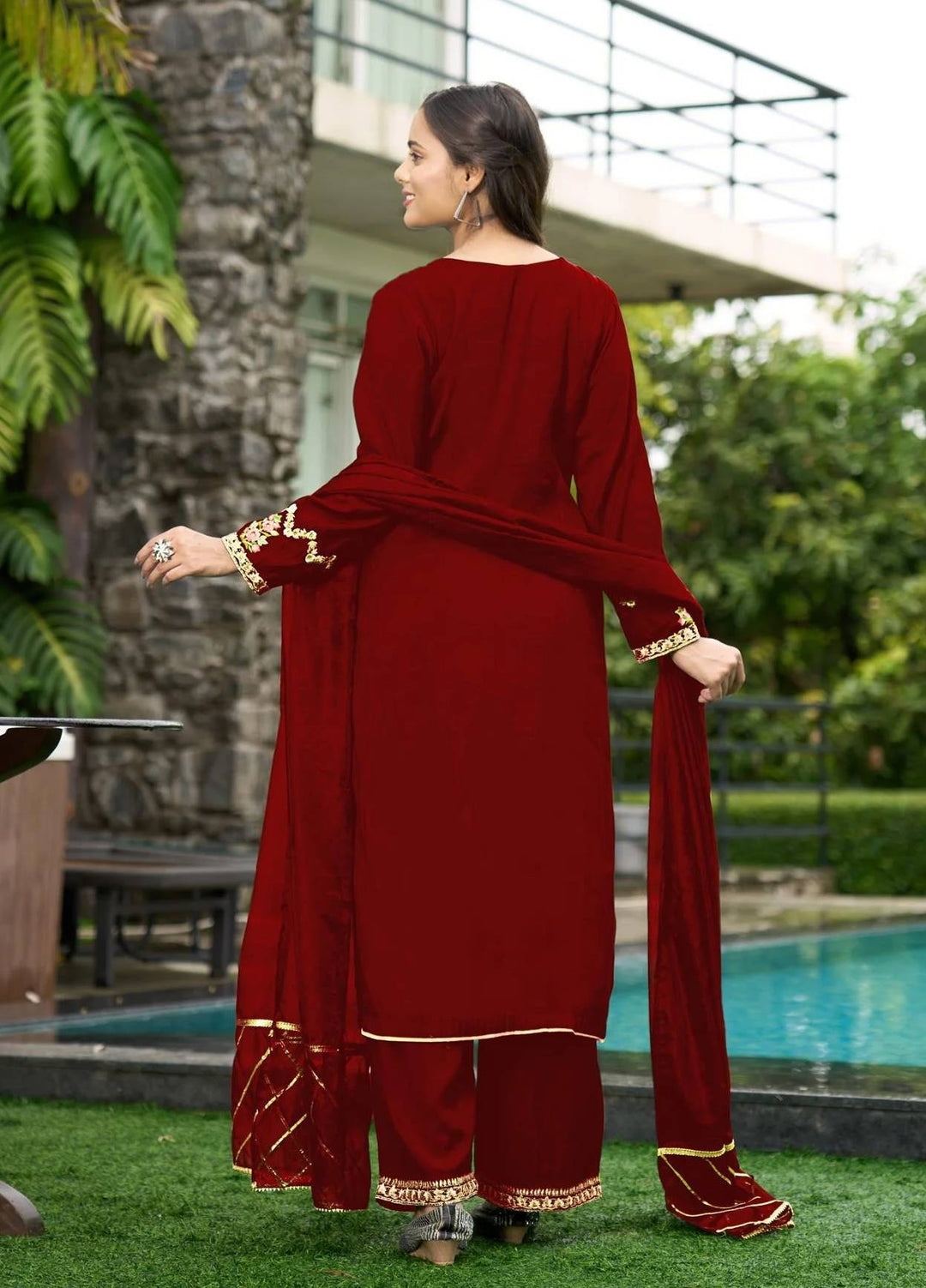 Maroon Embroidered Art Silk Straight Suit