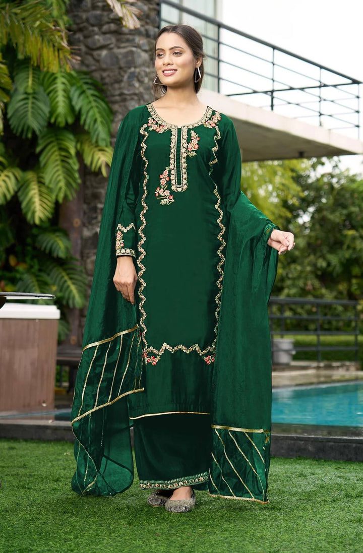 Green Embroidered Art Silk Straight Suit