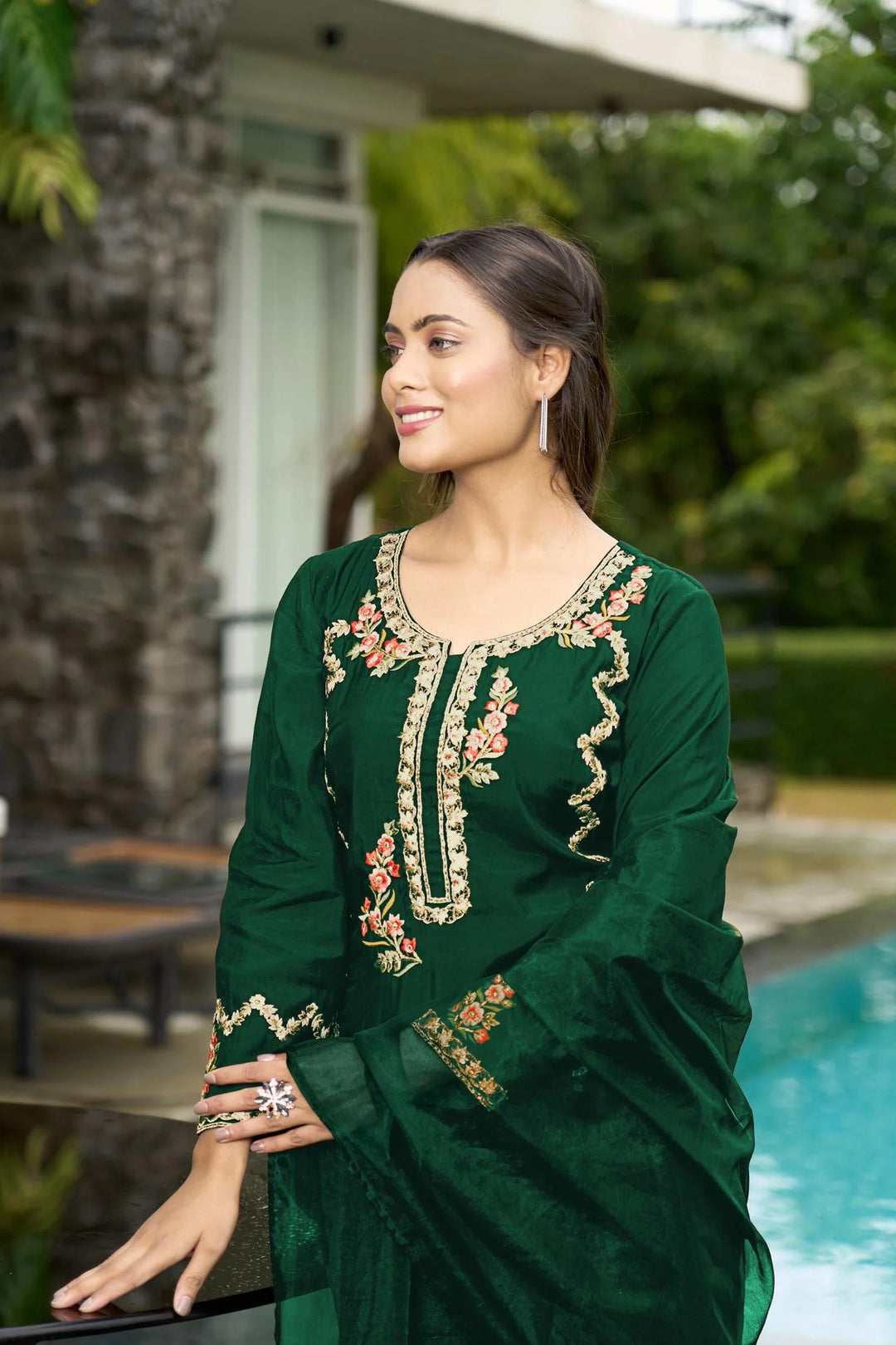 Green Embroidered Art Silk Straight Suit