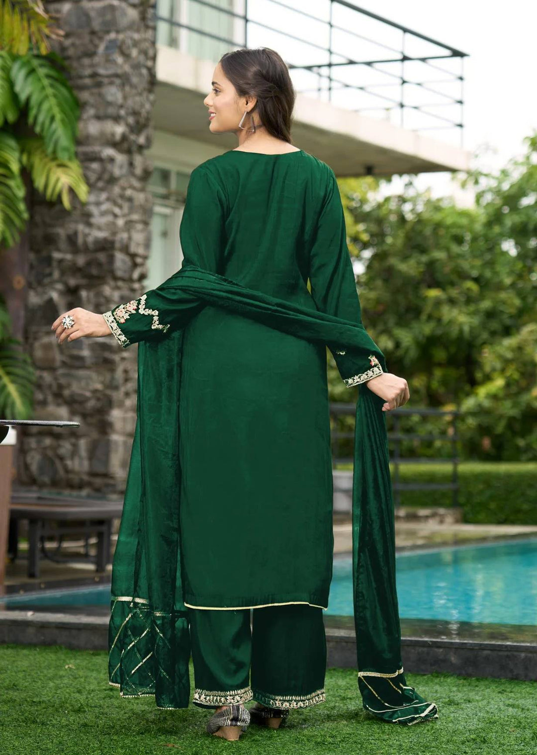 Green Embroidered Art Silk Straight Suit
