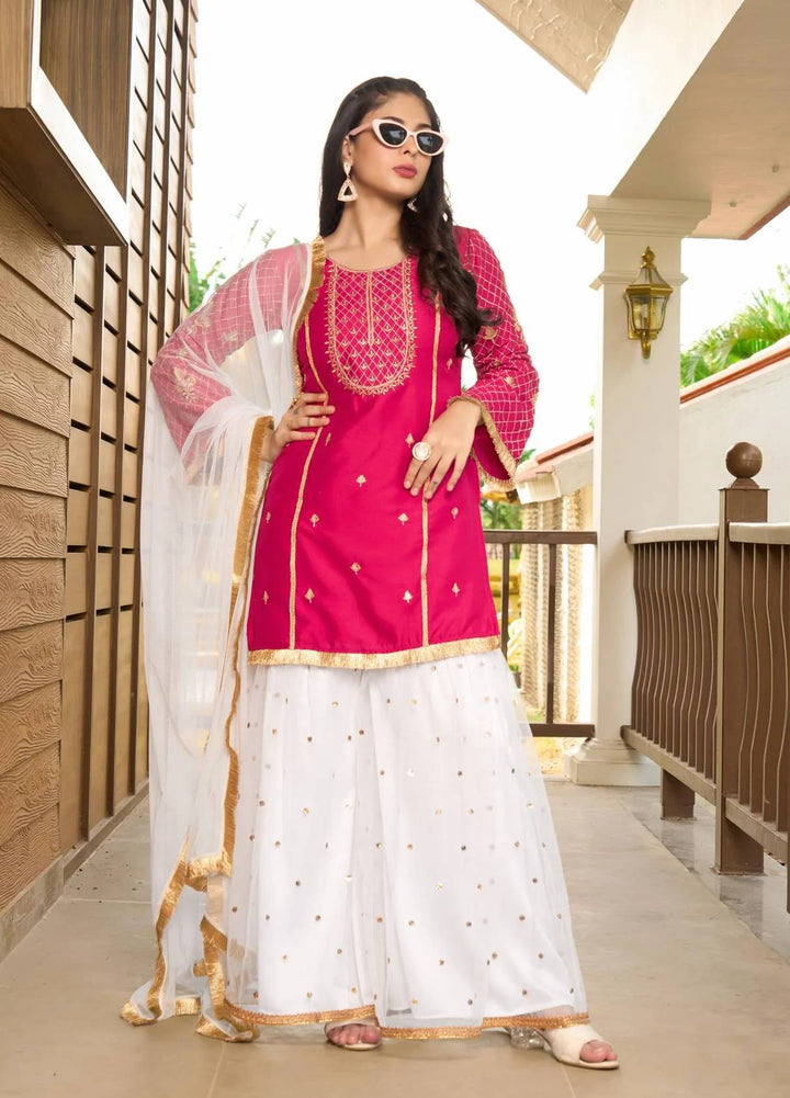 Pink Embroidered Art Silk Straight Suit