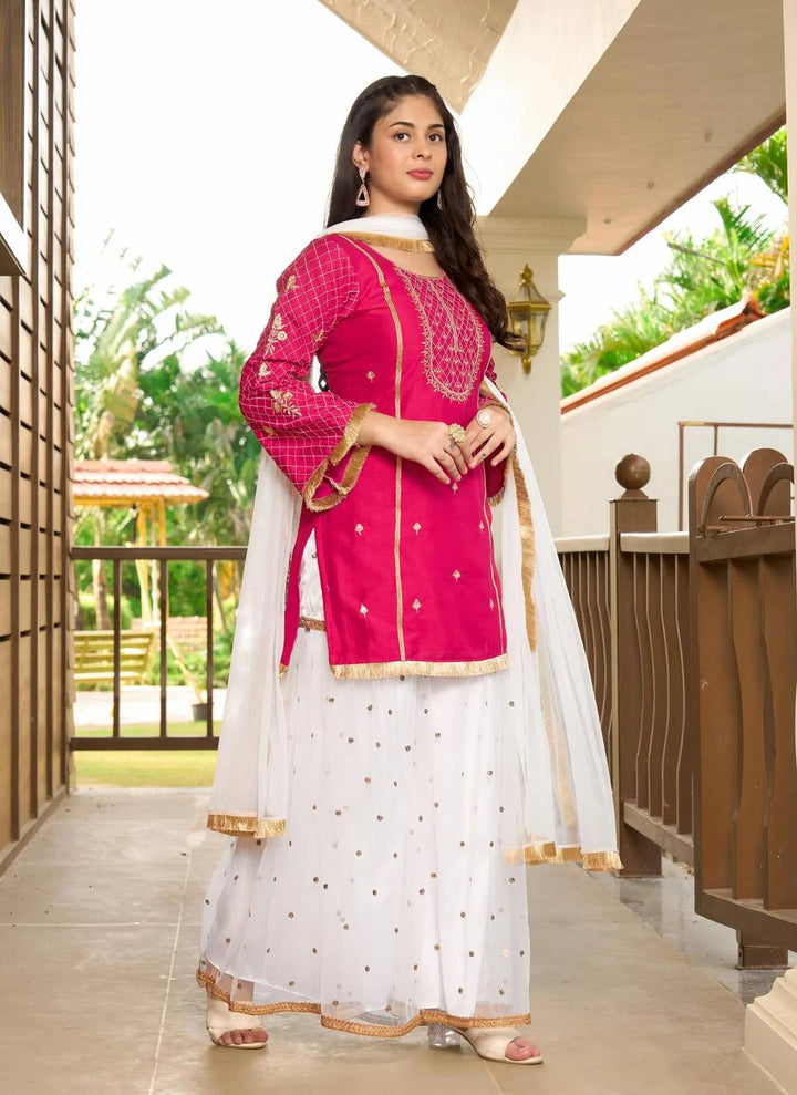 Pink Embroidered Art Silk Straight Suit