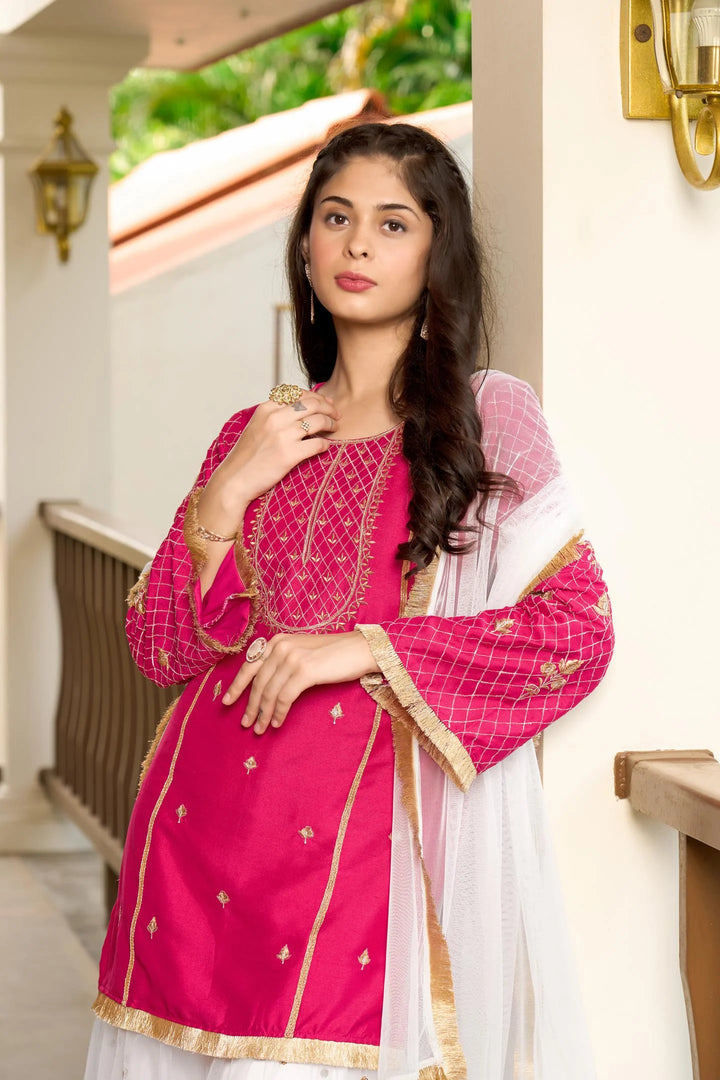 Pink Embroidered Art Silk Straight Suit