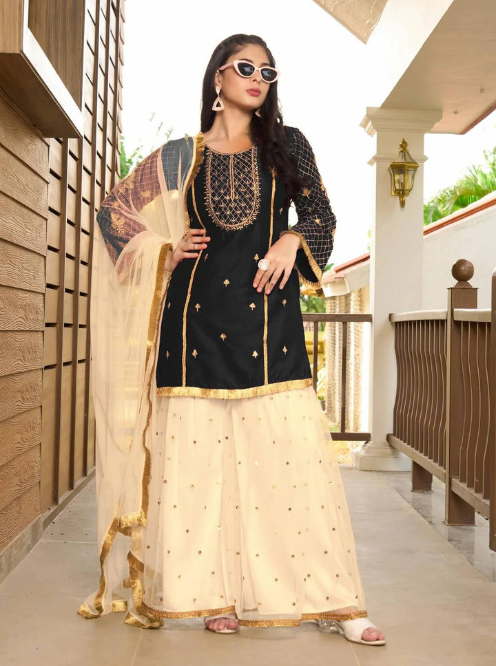Black Embroidered Art Silk Straight Suit