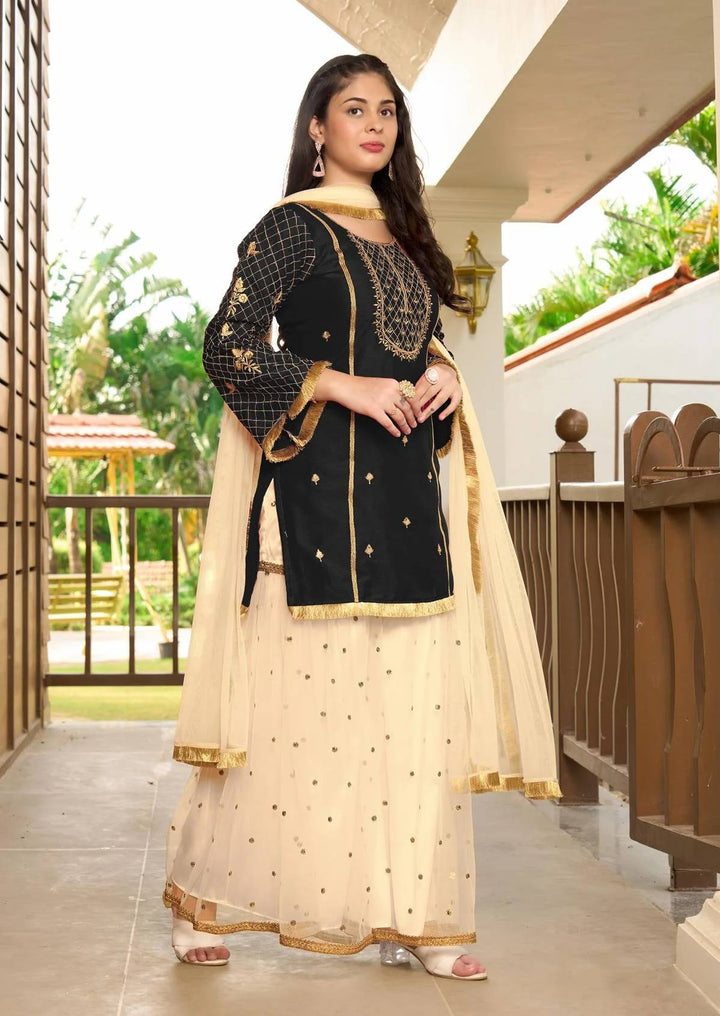 Black Embroidered Art Silk Straight Suit