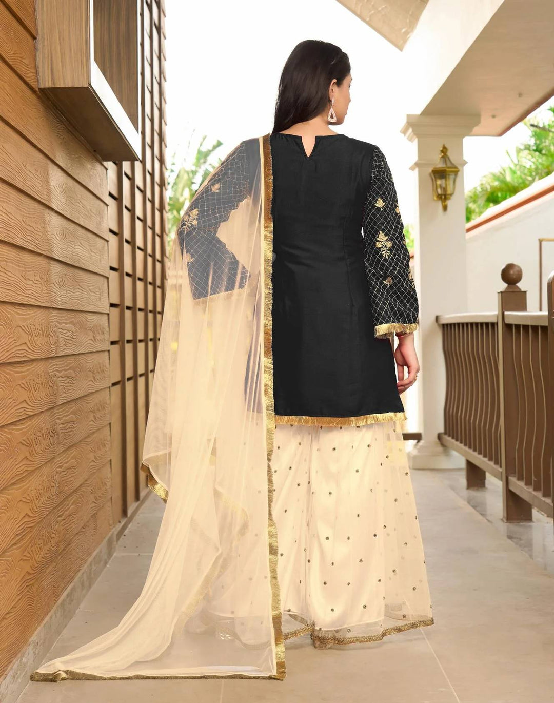 Black Embroidered Art Silk Straight Suit
