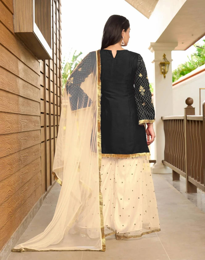 Black Embroidered Art Silk Straight Suit