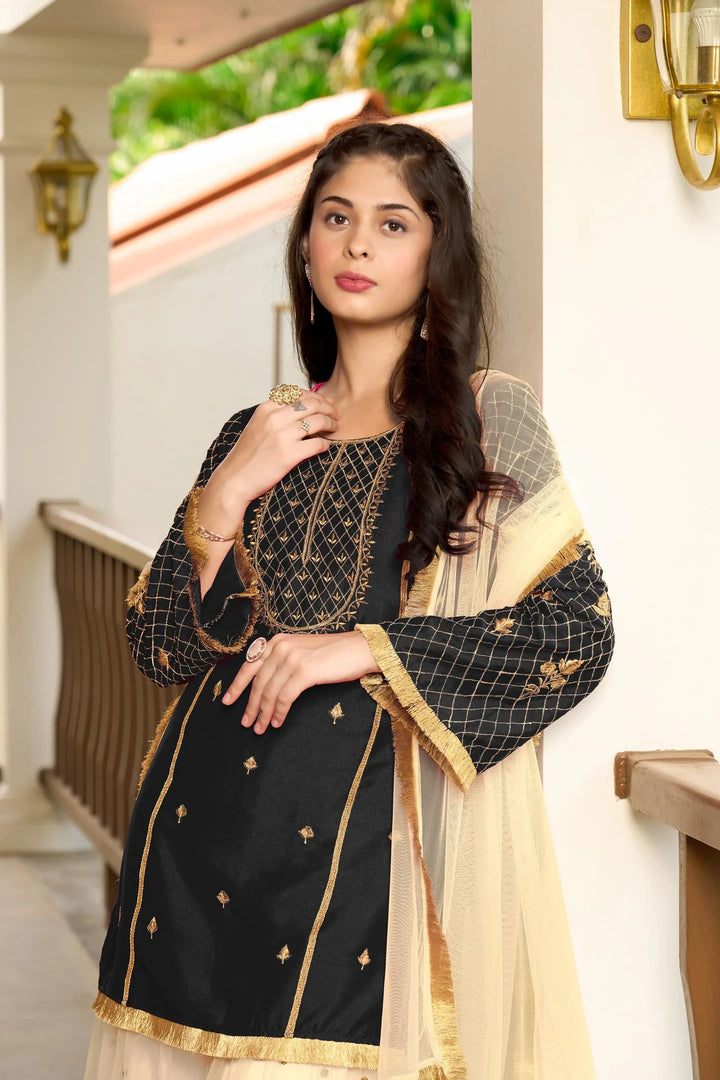 Black Embroidered Art Silk Straight Suit