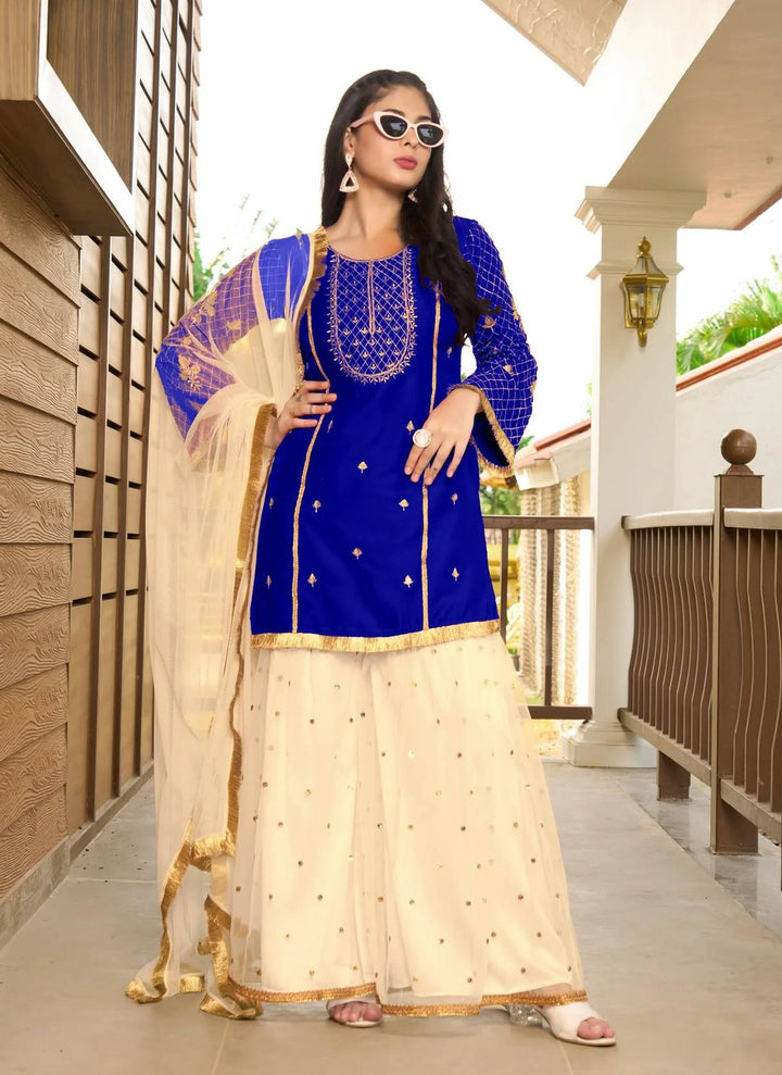 Royal Blue Embroidered Art Silk Straight Suit
