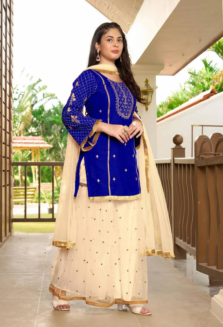Royal Blue Embroidered Art Silk Straight Suit