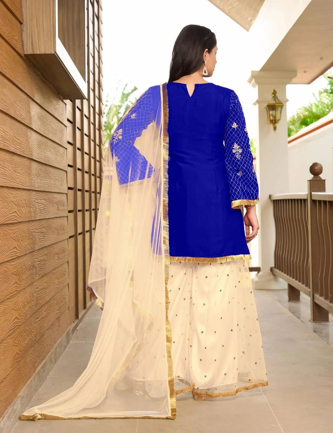 Royal Blue Embroidered Art Silk Straight Suit