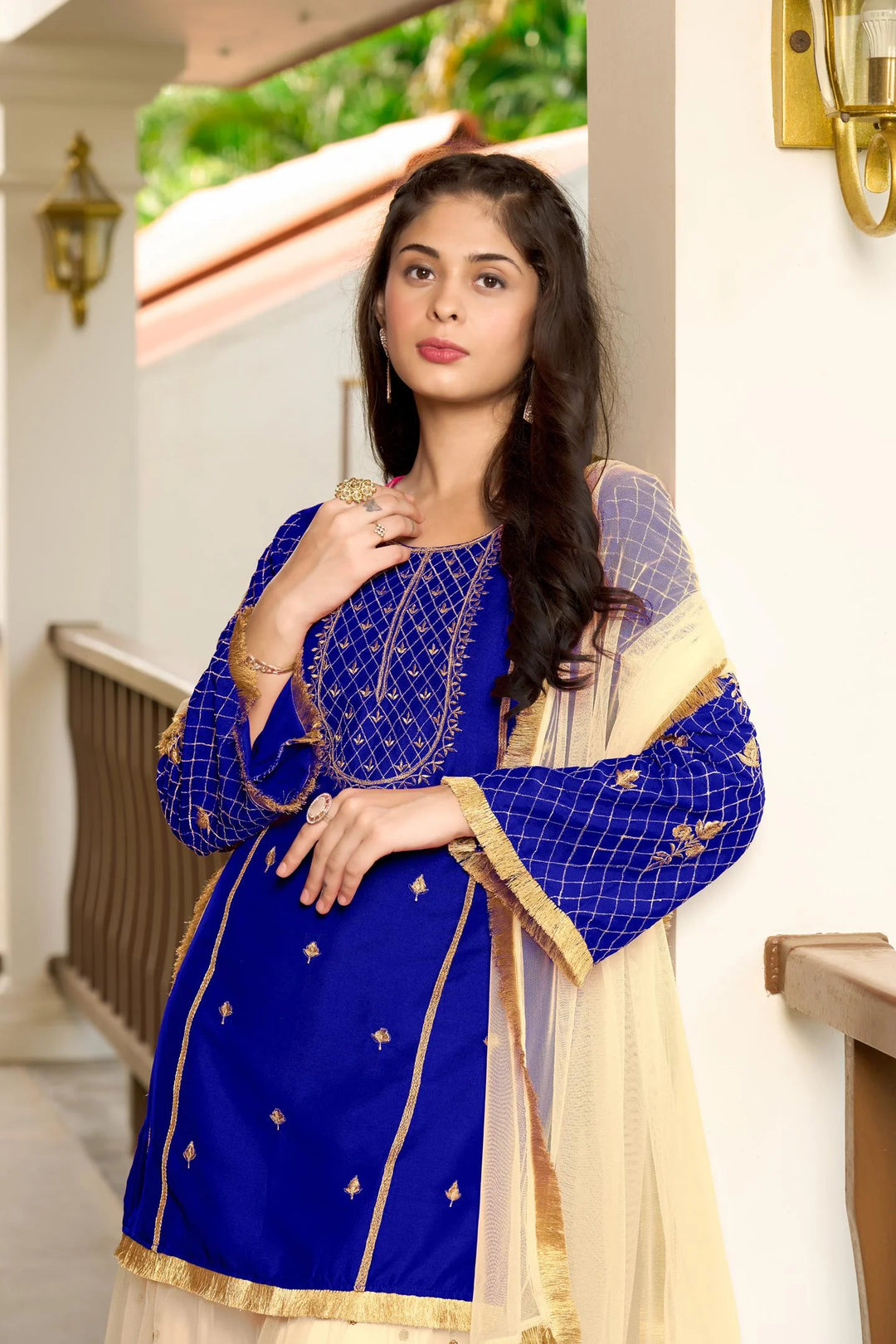 Royal Blue Embroidered Art Silk Straight Suit