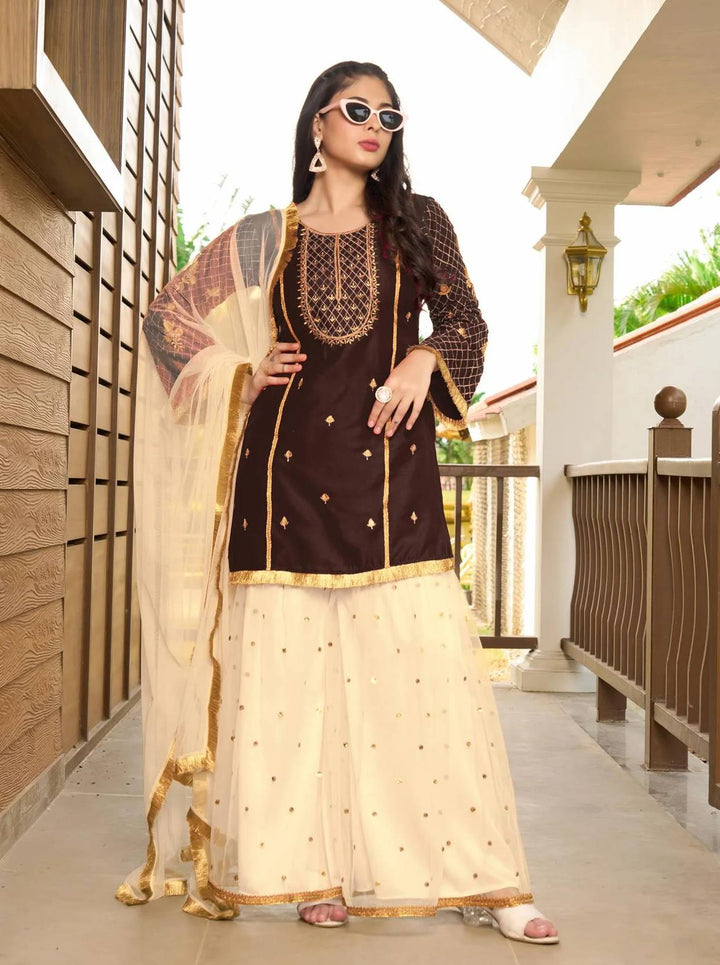 Dark Brown Embroidered Art Silk Straight Suit
