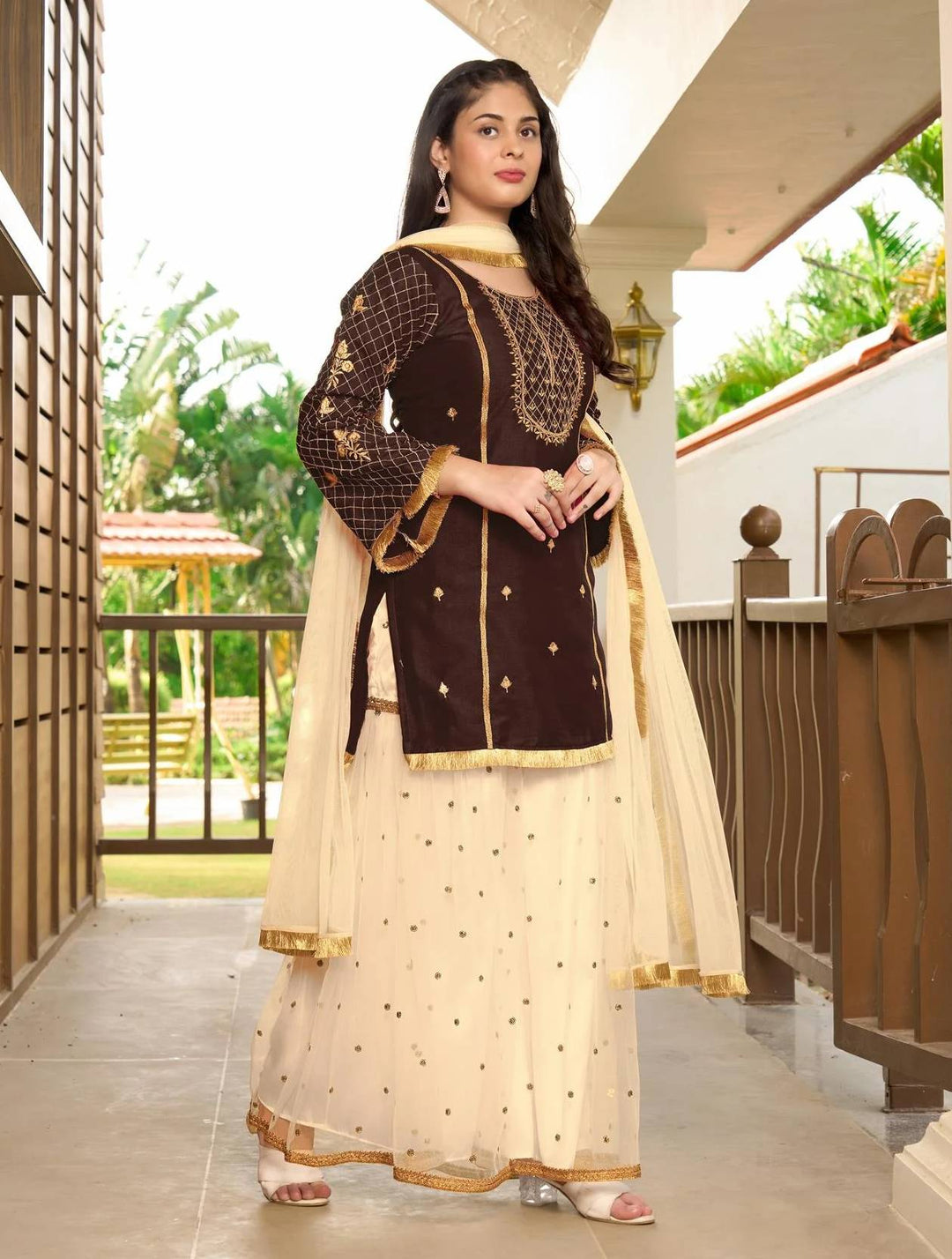 Dark Brown Embroidered Art Silk Straight Suit