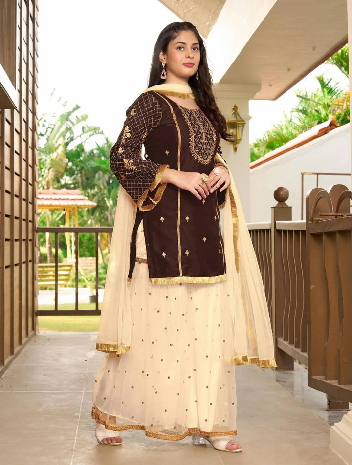 Dark Brown Embroidered Art Silk Straight Suit