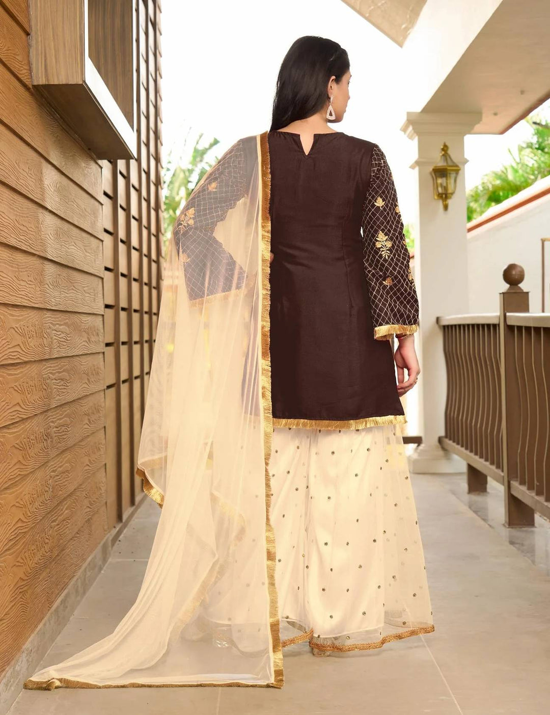 Dark Brown Embroidered Art Silk Straight Suit