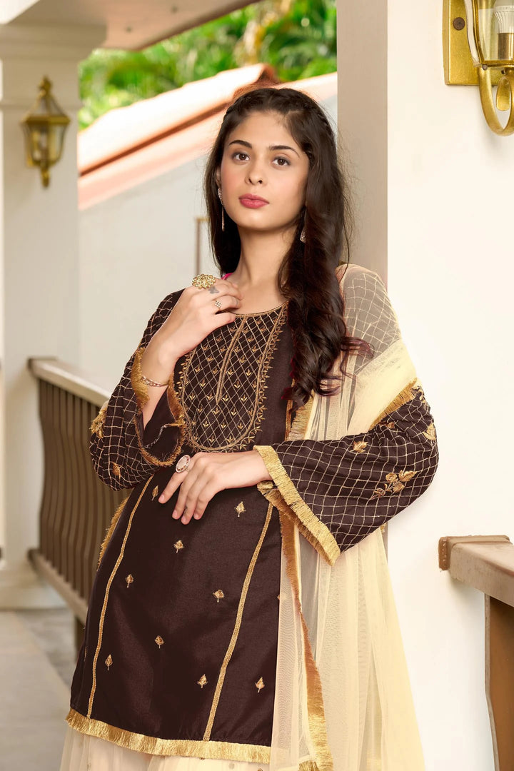Dark Brown Embroidered Art Silk Straight Suit