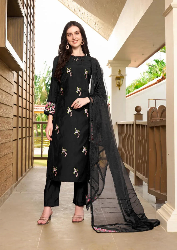 Black Resham Embroidery Art Silk Straight Suit