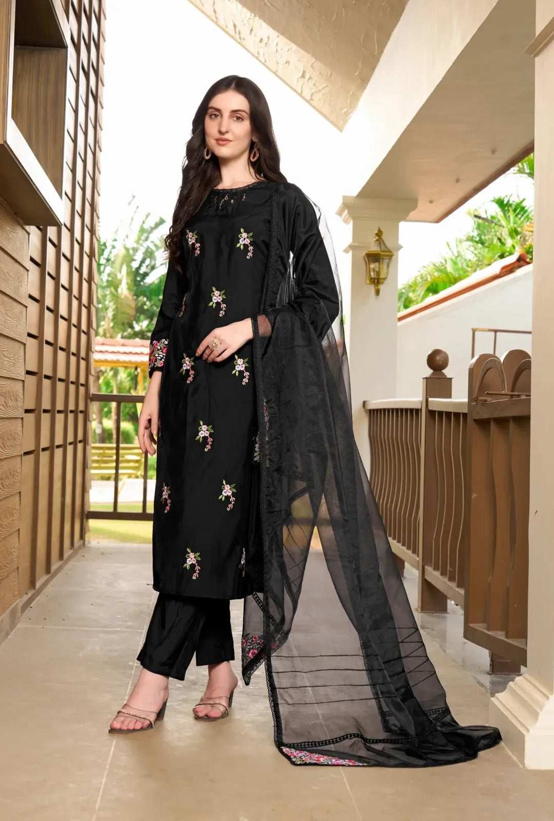Black Resham Embroidery Art Silk Straight Suit