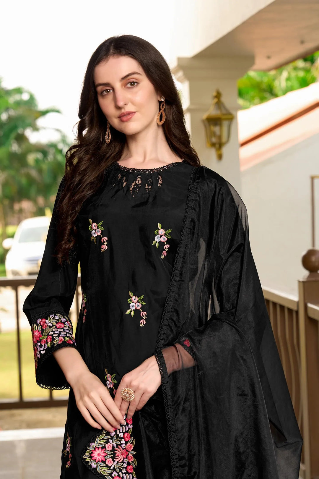 Black Resham Embroidery Art Silk Straight Suit