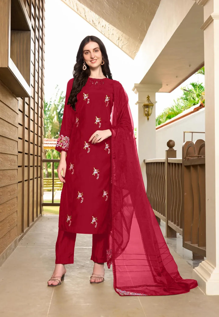 Maroon Resham Embroidery Art Silk Straight Suit