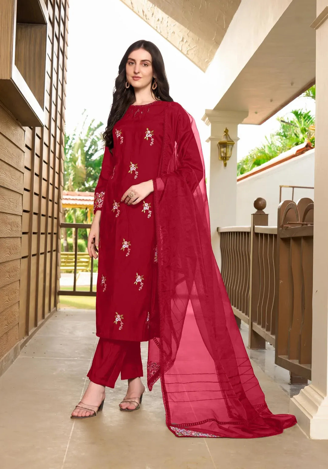 Maroon Resham Embroidery Art Silk Straight Suit