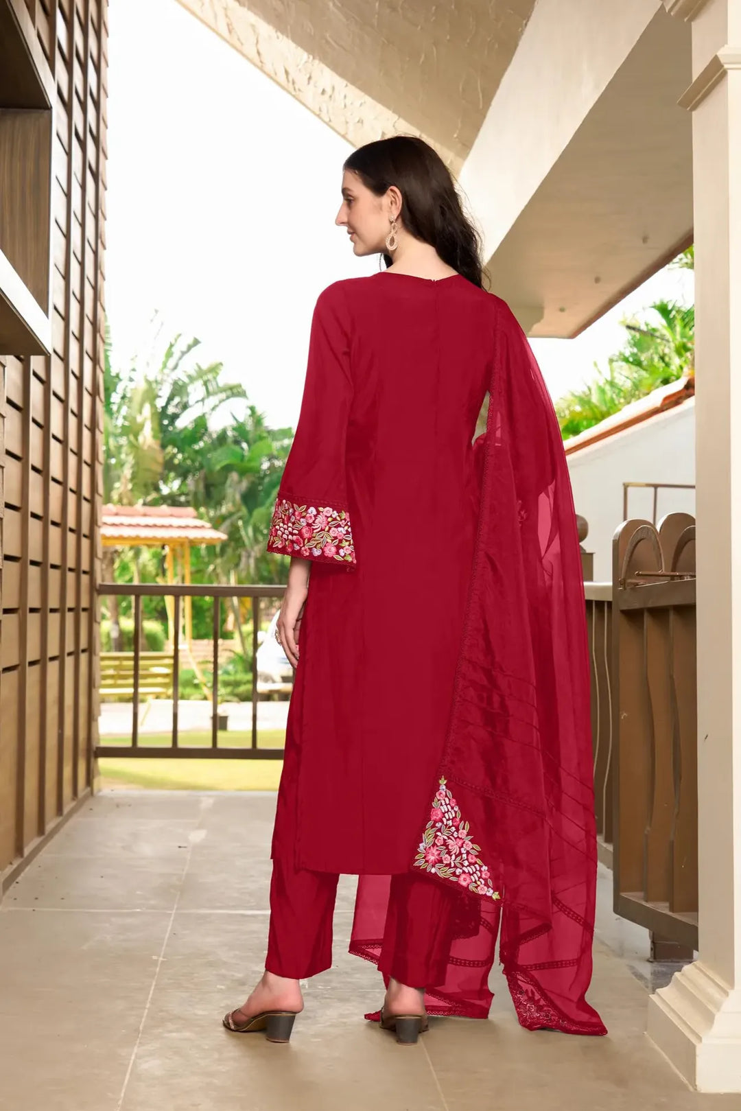 Maroon Resham Embroidery Art Silk Straight Suit