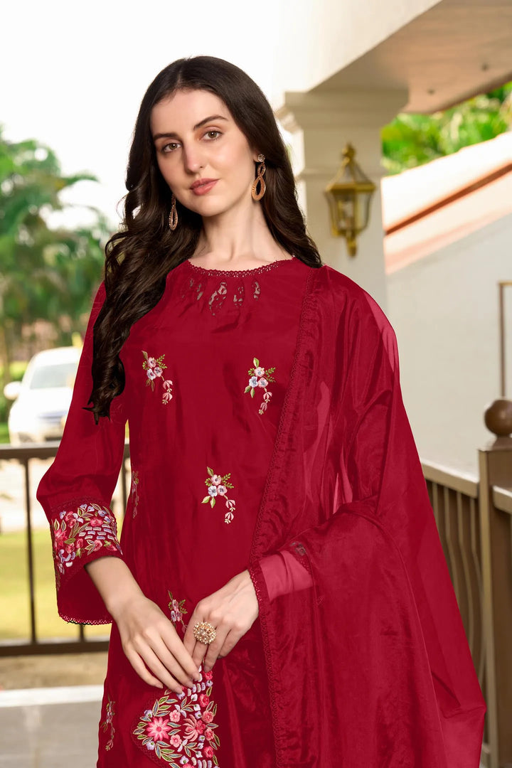 Maroon Resham Embroidery Art Silk Straight Suit