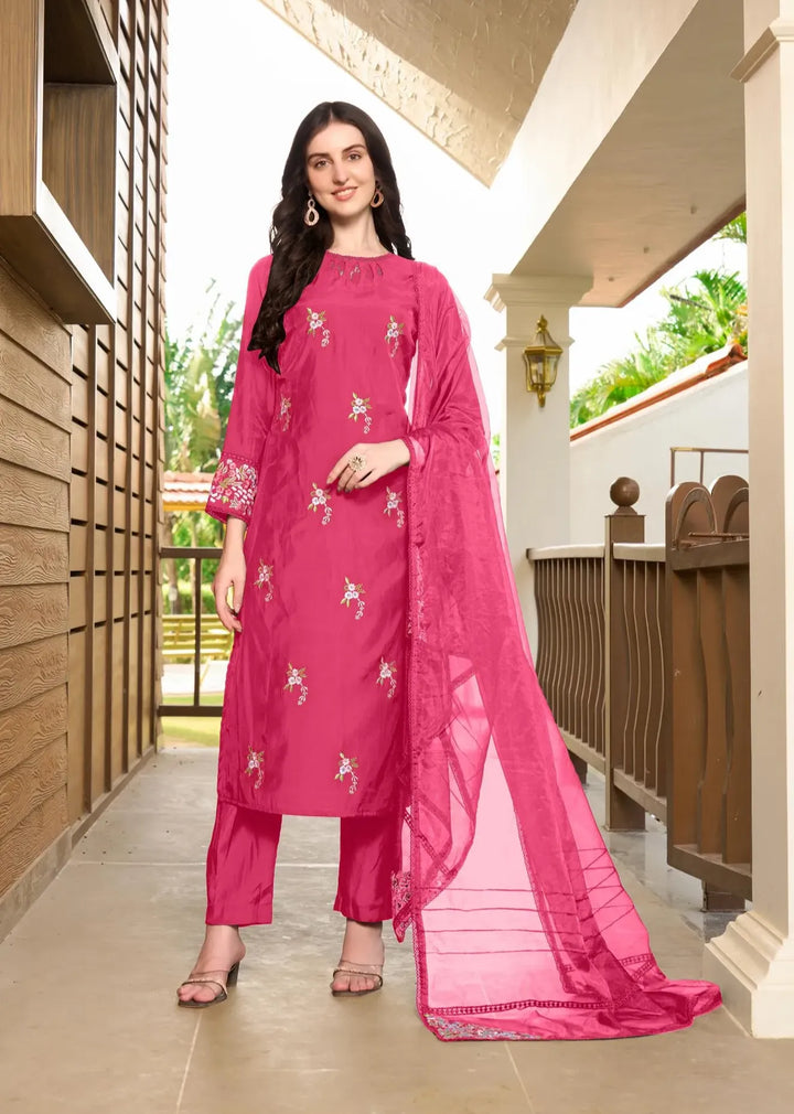 Pink Resham Embroidery Art Silk Straight Suit
