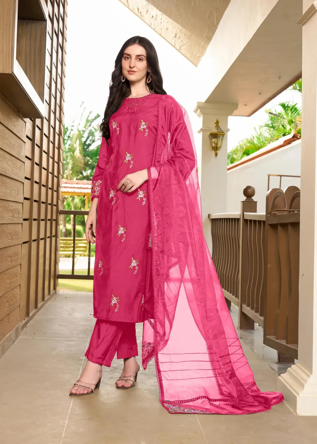 Pink Resham Embroidery Art Silk Straight Suit