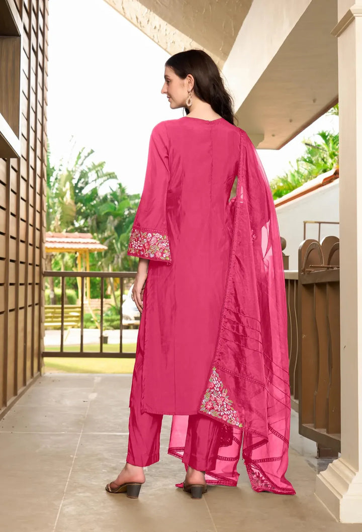 Pink Resham Embroidery Art Silk Straight Suit