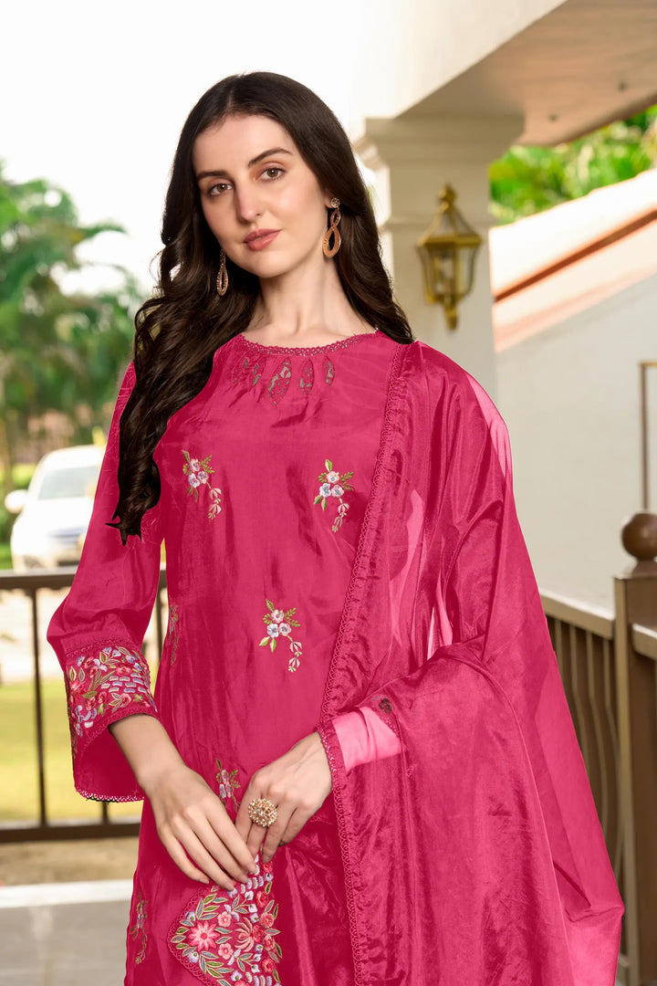 Pink Resham Embroidery Art Silk Straight Suit