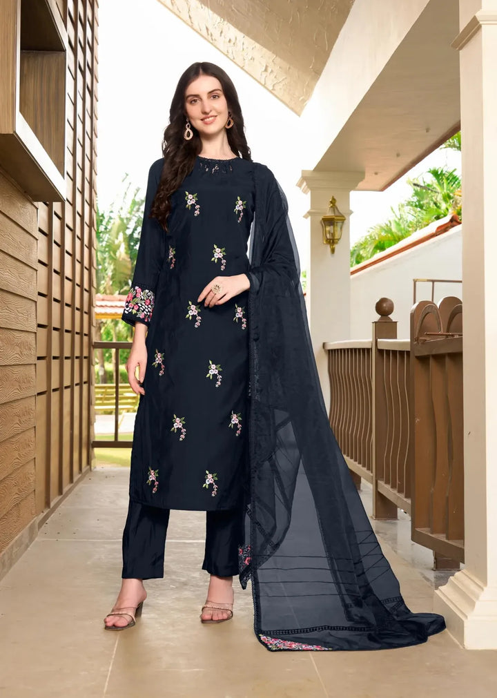 Navy Blue Resham Embroidery Art Silk Straight Suit