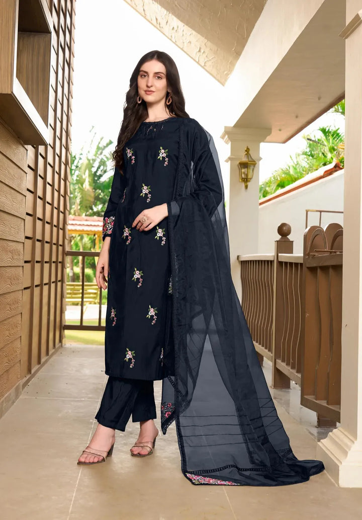 Navy Blue Resham Embroidery Art Silk Straight Suit