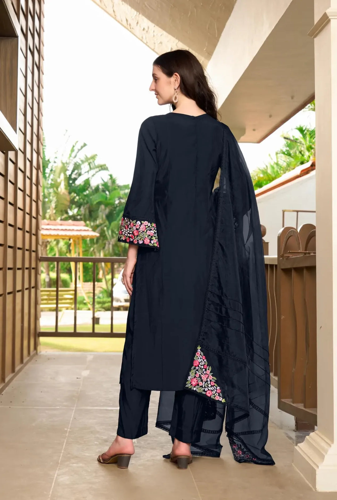 Navy Blue Resham Embroidery Art Silk Straight Suit