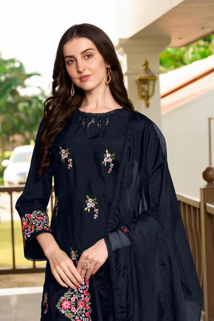 Navy Blue Resham Embroidery Art Silk Straight Suit