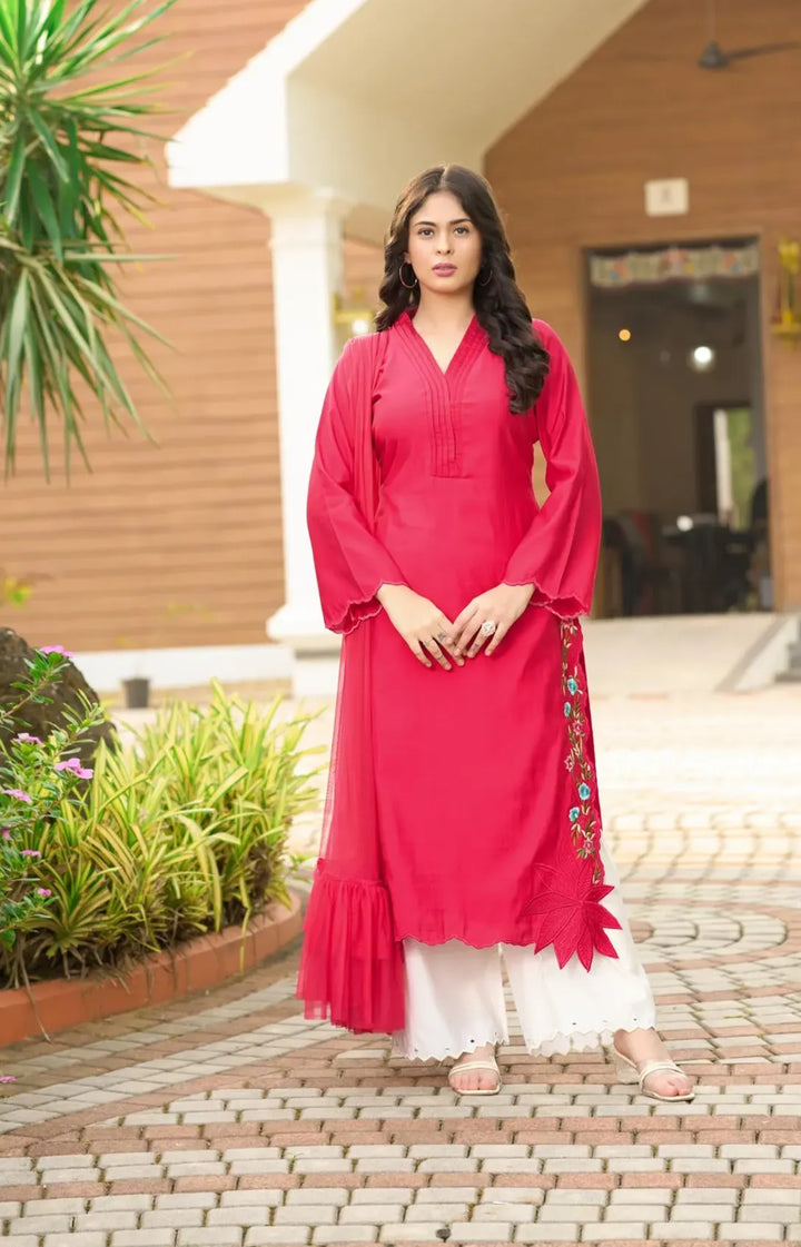 Pink Resham Embroidery Art Silk Asymmetrical Suit