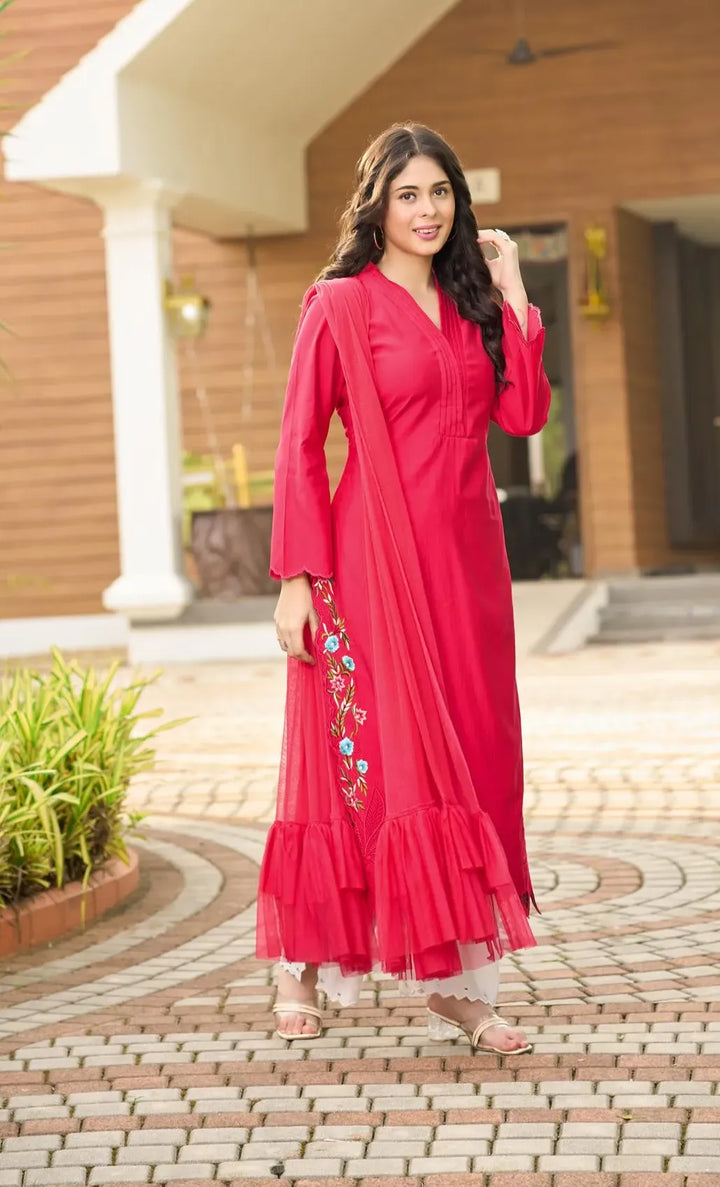 Pink Resham Embroidery Art Silk Asymmetrical Suit