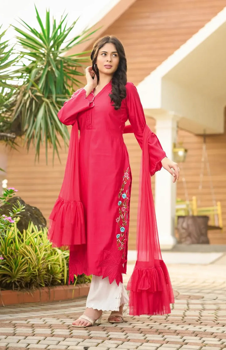 Pink Resham Embroidery Art Silk Asymmetrical Suit