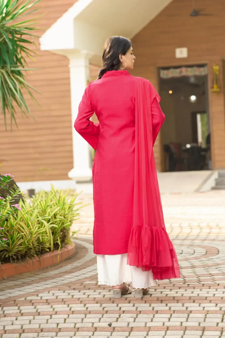 Pink Resham Embroidery Art Silk Asymmetrical Suit