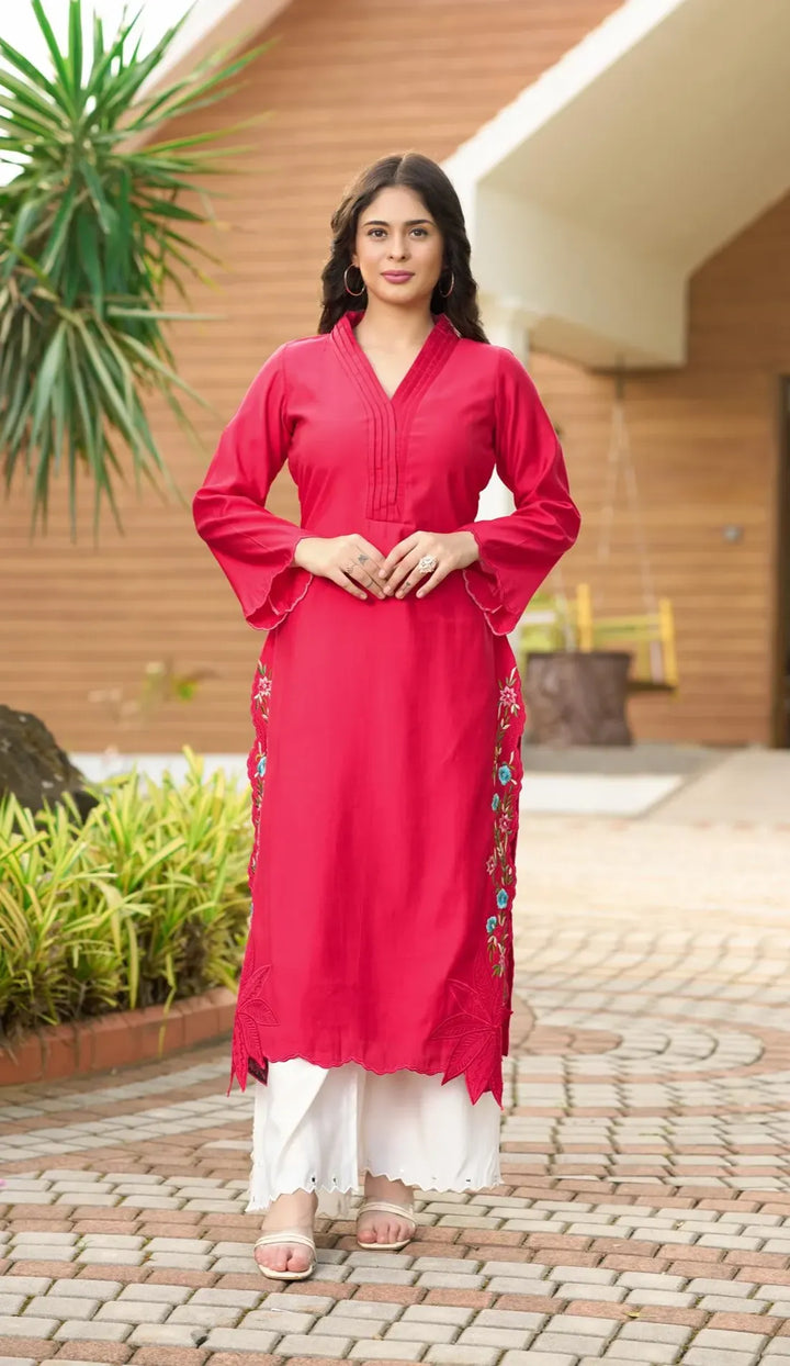 Pink Embroidered Art Silk Straight Kurta