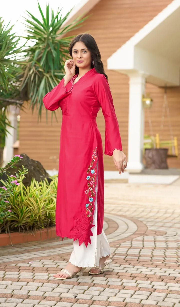 Pink Embroidered Art Silk Straight Kurta