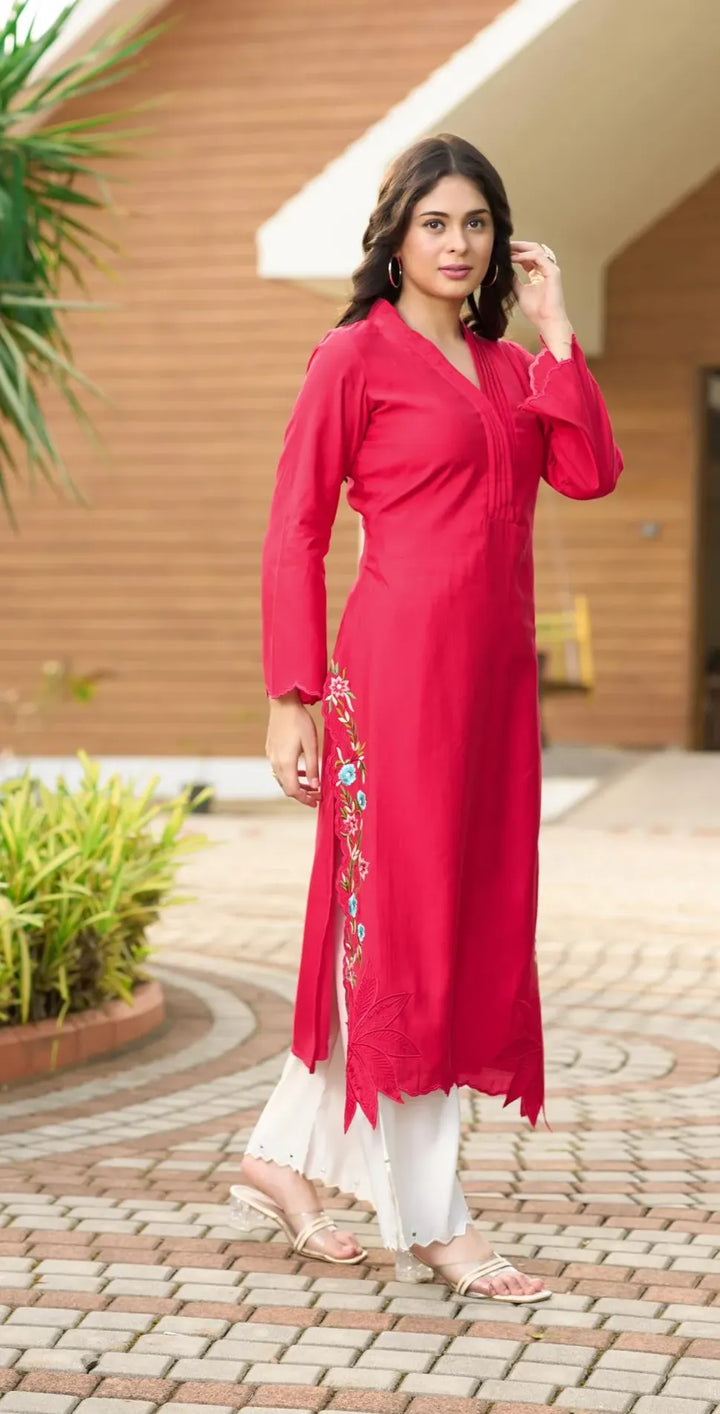 Pink Embroidered Art Silk Straight Kurta
