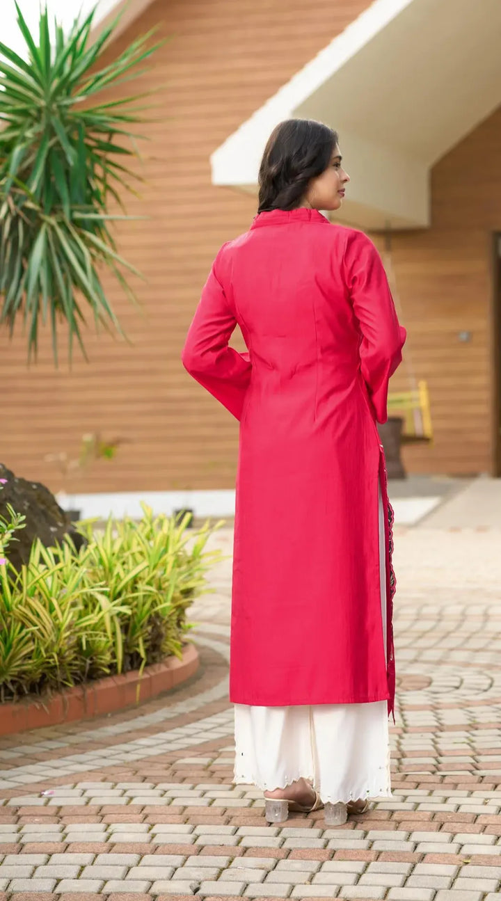 Pink Embroidered Art Silk Straight Kurta