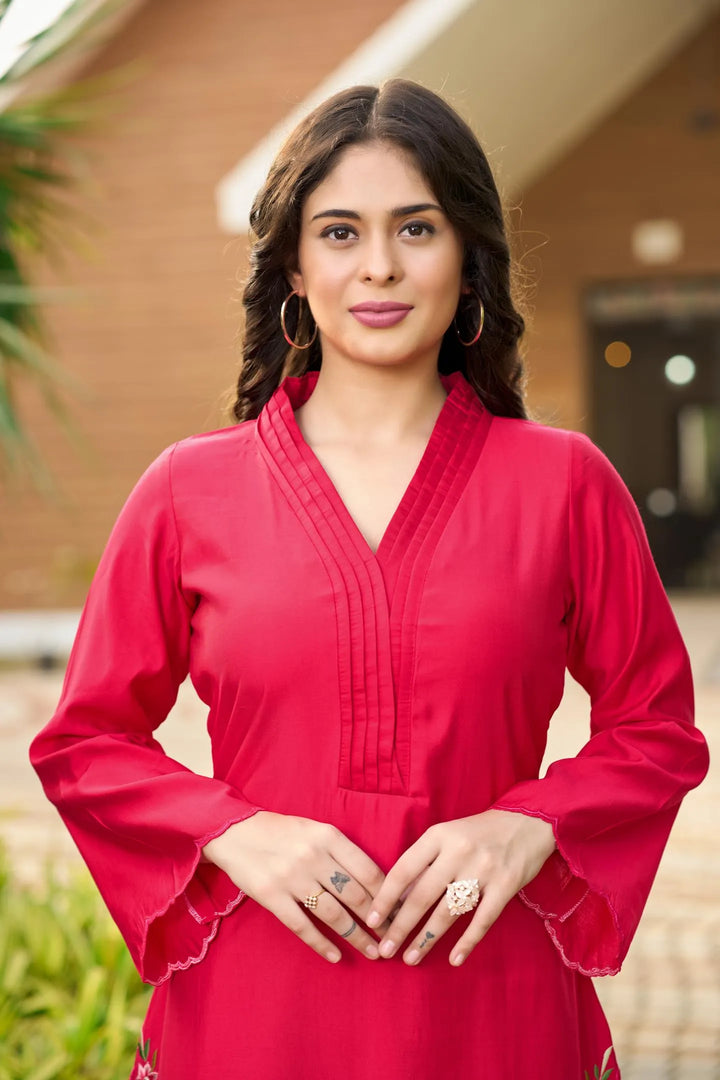 Pink Embroidered Art Silk Straight Kurta