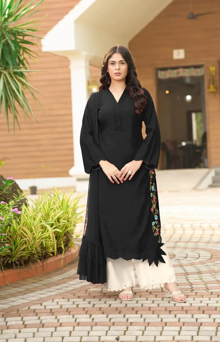 Black Resham Embroidery Art Silk Asymmetrical Suit
