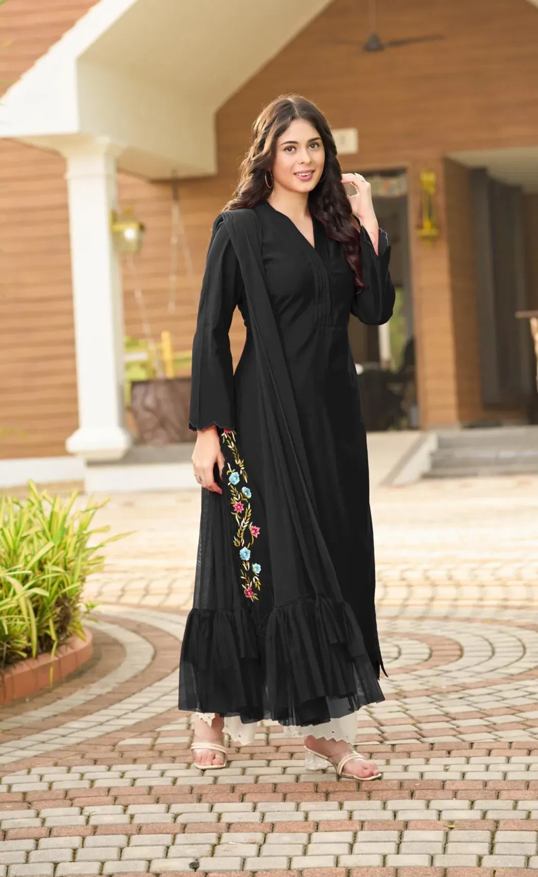 Black Resham Embroidery Art Silk Asymmetrical Suit