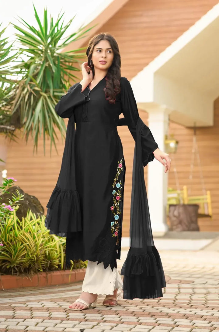 Black Resham Embroidery Art Silk Asymmetrical Suit