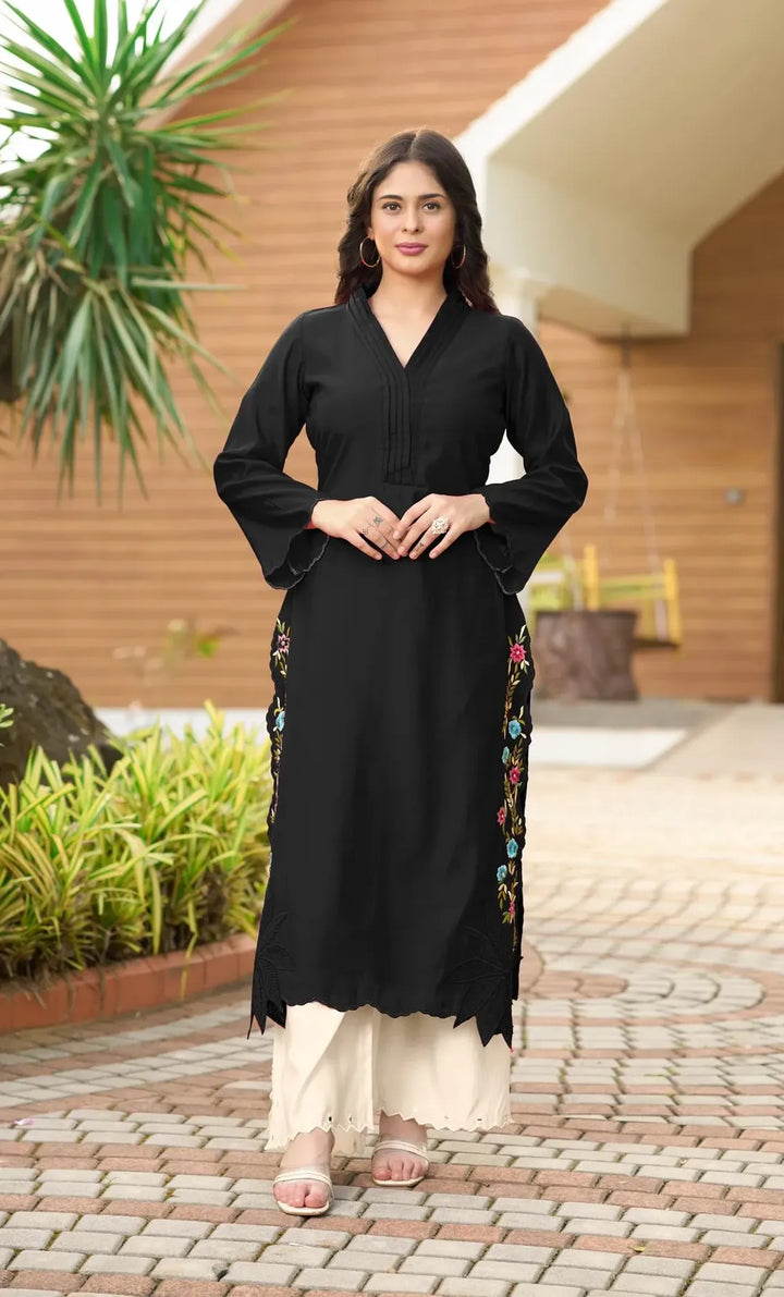 Black Embroidered Art Silk Straight Kurta
