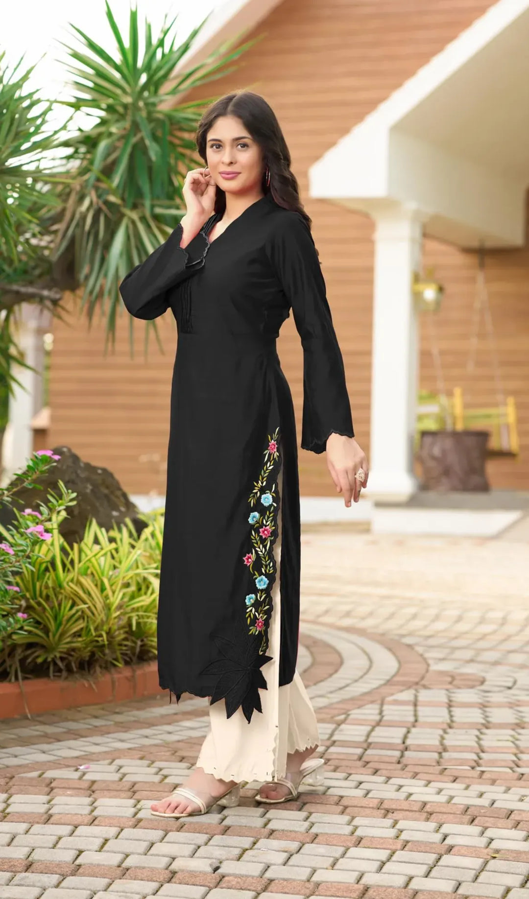 Black Embroidered Art Silk Straight Kurta
